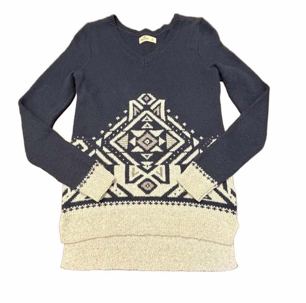 Hollister Womens S Navy Blue Aztec V Neck Knit Sweater Y2K Boho